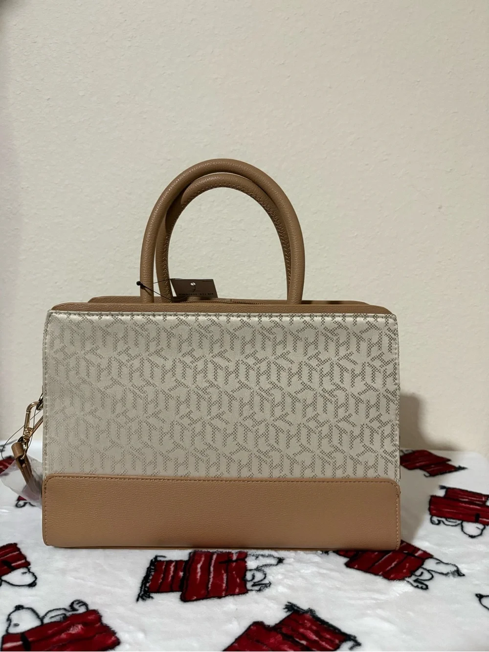 Tommy Hilfiger Beige & Tan Monogram Convertible Satchel